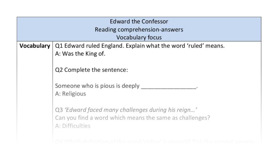 Reading comprehension - vocabulary - Edward the Confessor - answers