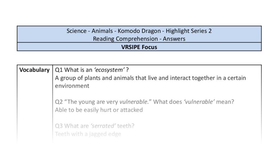 Reading Comprehension - Komodo Dragon - Highlight Series 2 - VRSIPE Focus