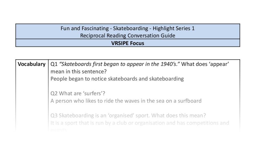 Reciprocal Reading Conversation - Skateboarding - Highlight Series 1 - VRSIPE Focus