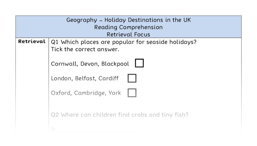 Holiday Destinations in the UK - Reading Comprehension - Retrieval Focus