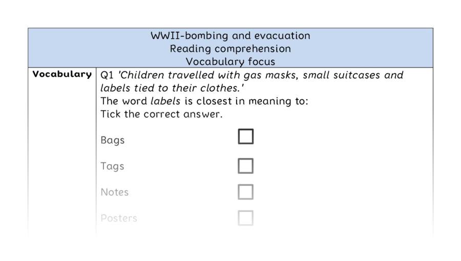 Reading comprehension - vocabulary - WWII-bombing and evacuation