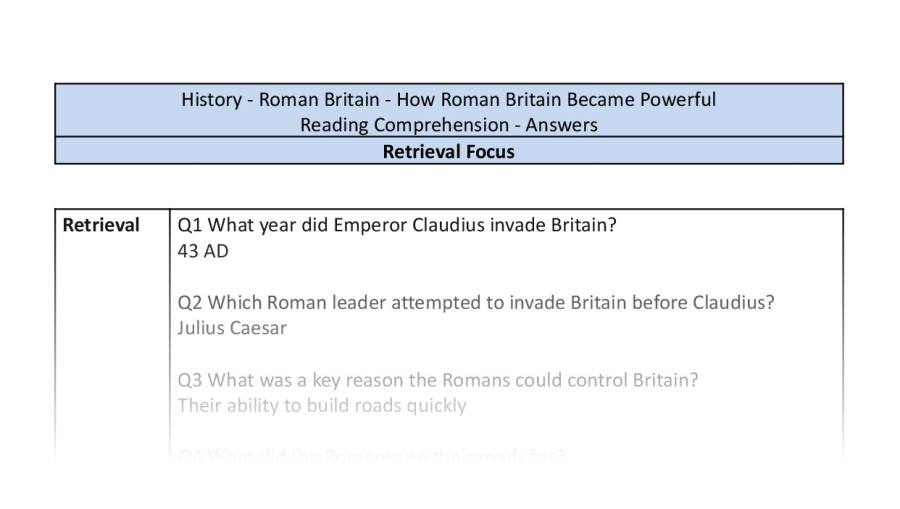 Reading Comprehension - How Roman Britain Became Powerful - Retrieval Focus UKS2