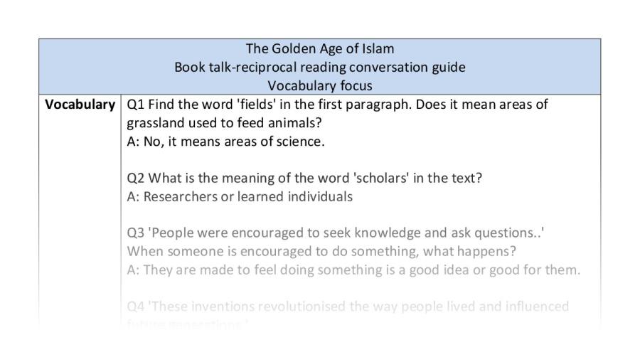 Reciprocal reading - vocabulary - The Golden Age of Islam