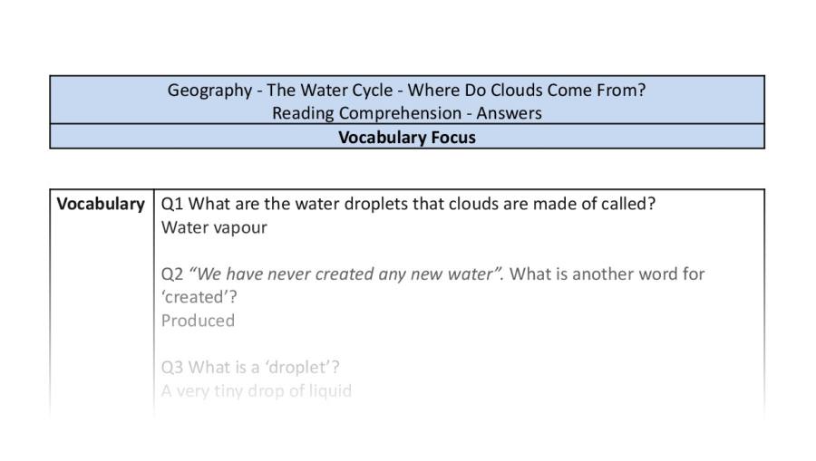 Reading comprehension-vocabulary - Where Do Clouds Come From-answers