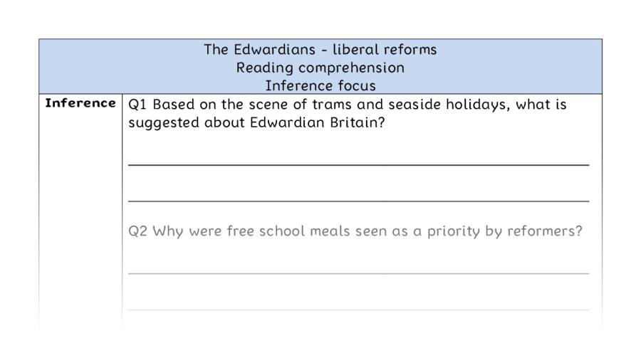 Reading comprehension - inference -The Edwardians - liberal reforms