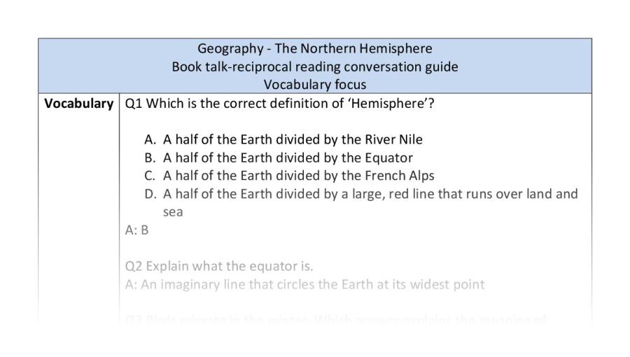 Reciprocal reading-vocabulary-The Northern hemisphere