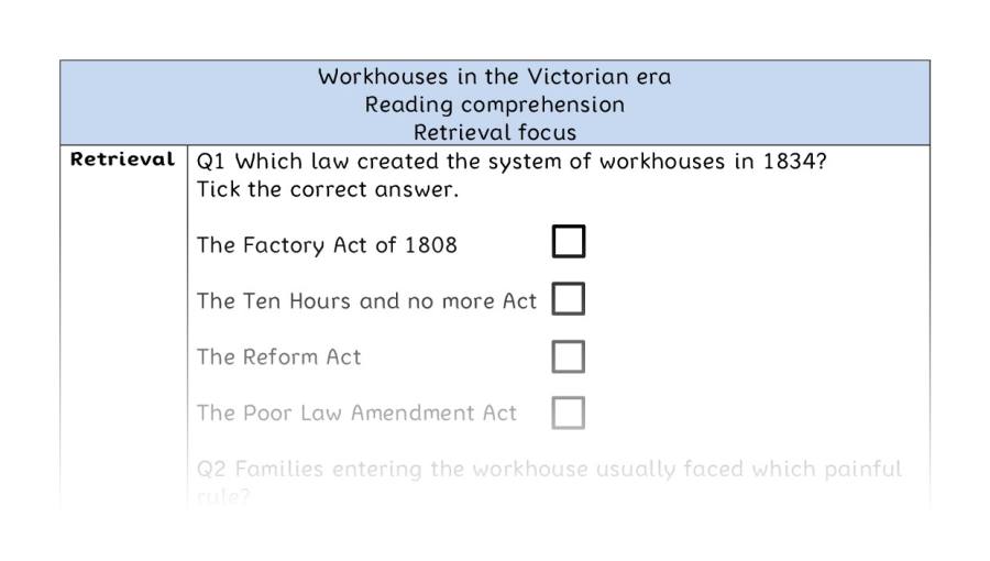Reading comprehension - retrieval - Workhouses in the Victorian era