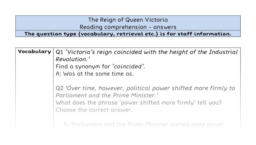 Reading comprehension - VRSIPE - The Reign of Queen Victoria - answers