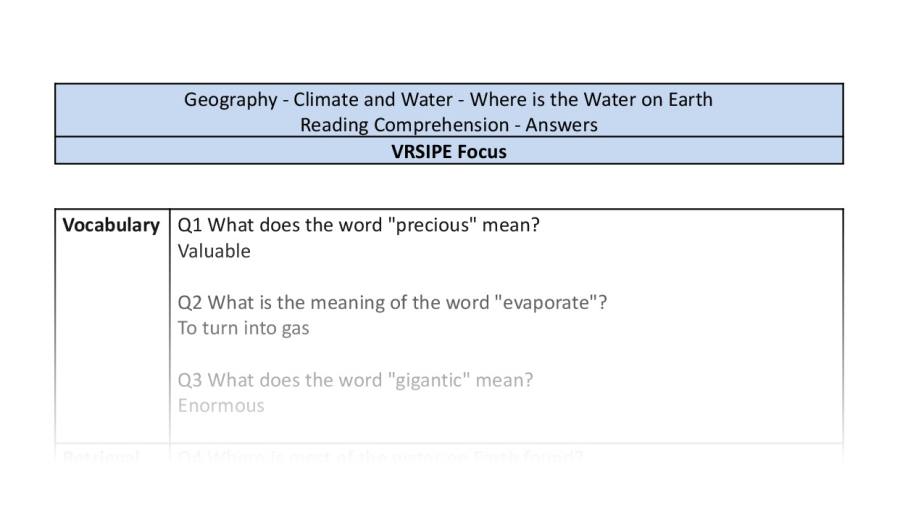 Reading comp - VRSIPE - where is the water on Earth-answers