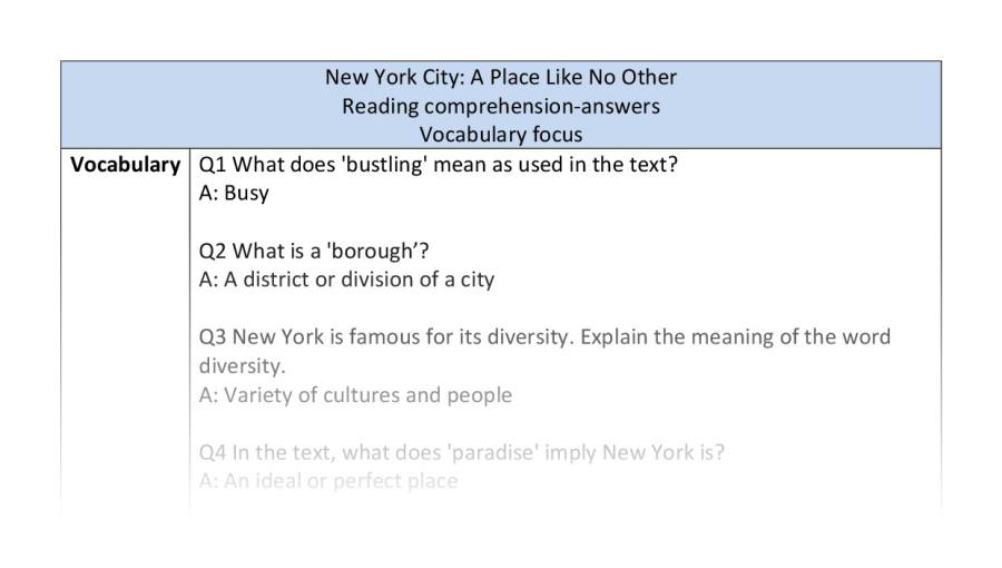 Reading comprehension - vocabulary - New York - answers
