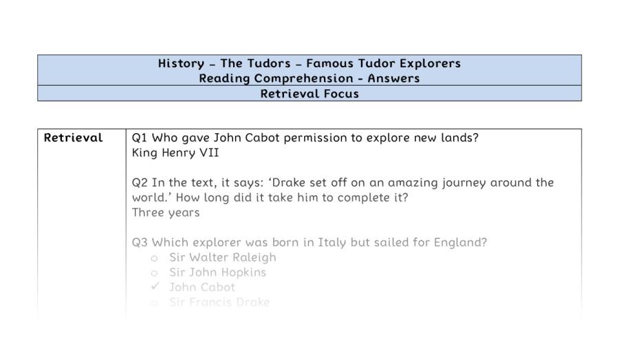 Reading comprehension - famous Tudor explorers - retrieval-answers