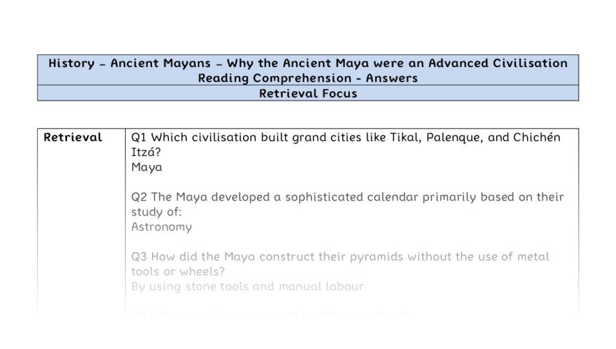 Reading Comprehension - Why the Ancient Maya were an Advanced Civilisation - Retrieval Focus - answers