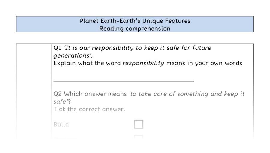Reading comprehension VRSIPE - Planet Earth-Earths Unique Features
