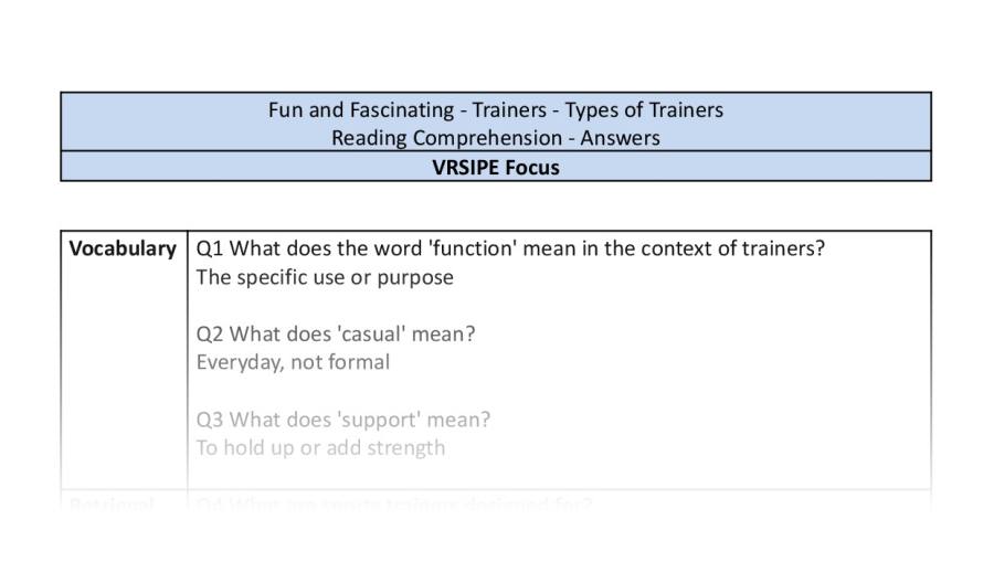 Reading Comprehension-Types of Trainers-VRSIPE Focus-answers