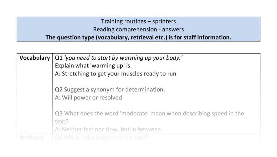 Reading comprehension - VRSIPE - Training routines - sprinters - answers