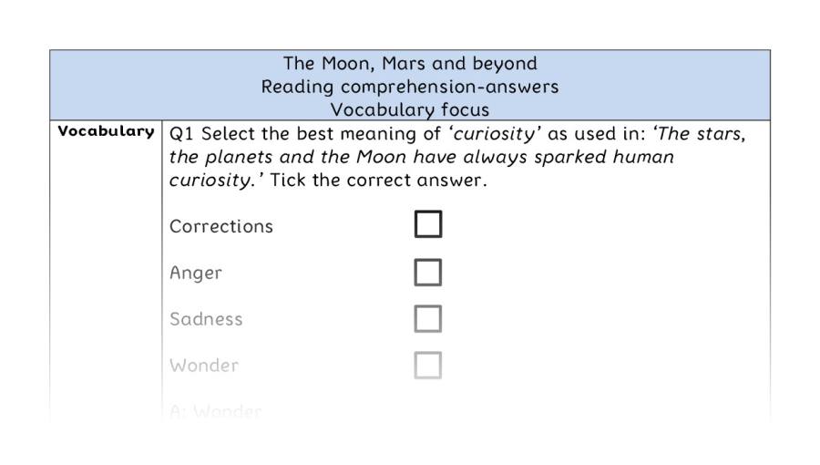 Reading comprehension - vocabulary - The Moon, Mars and beyond - answers
