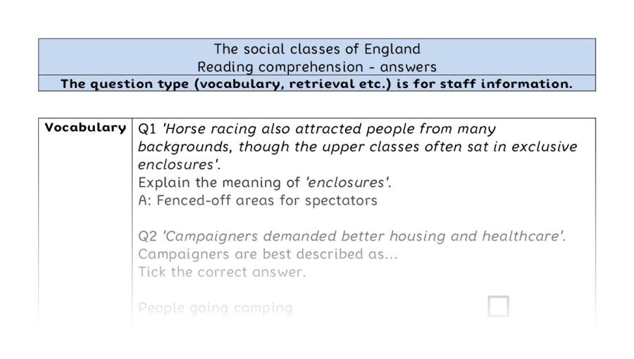 Reading comprehension - VRSIPE - The social classes of England - answers