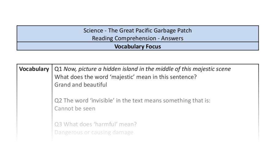Reading Comprehension - The Great Pacific Garbage Patch - Vocabulary Focus