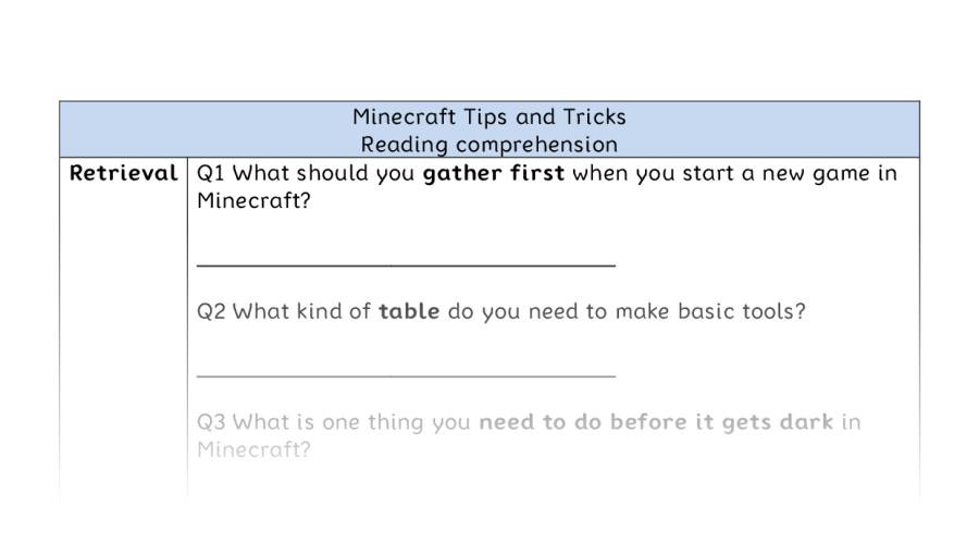 Reading comprehension-Minecraft Tips and Tricks- retrieval