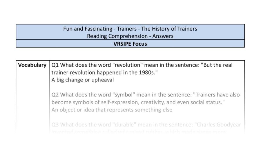 Reading comprehension-VRSIPE-The history of trainers-answers